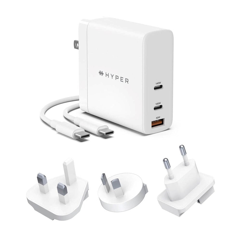 Hyper GaN 140W Vægoplader m. 2 x USB-C, 1 x USB-A & Rejseadaptere - Hvid
