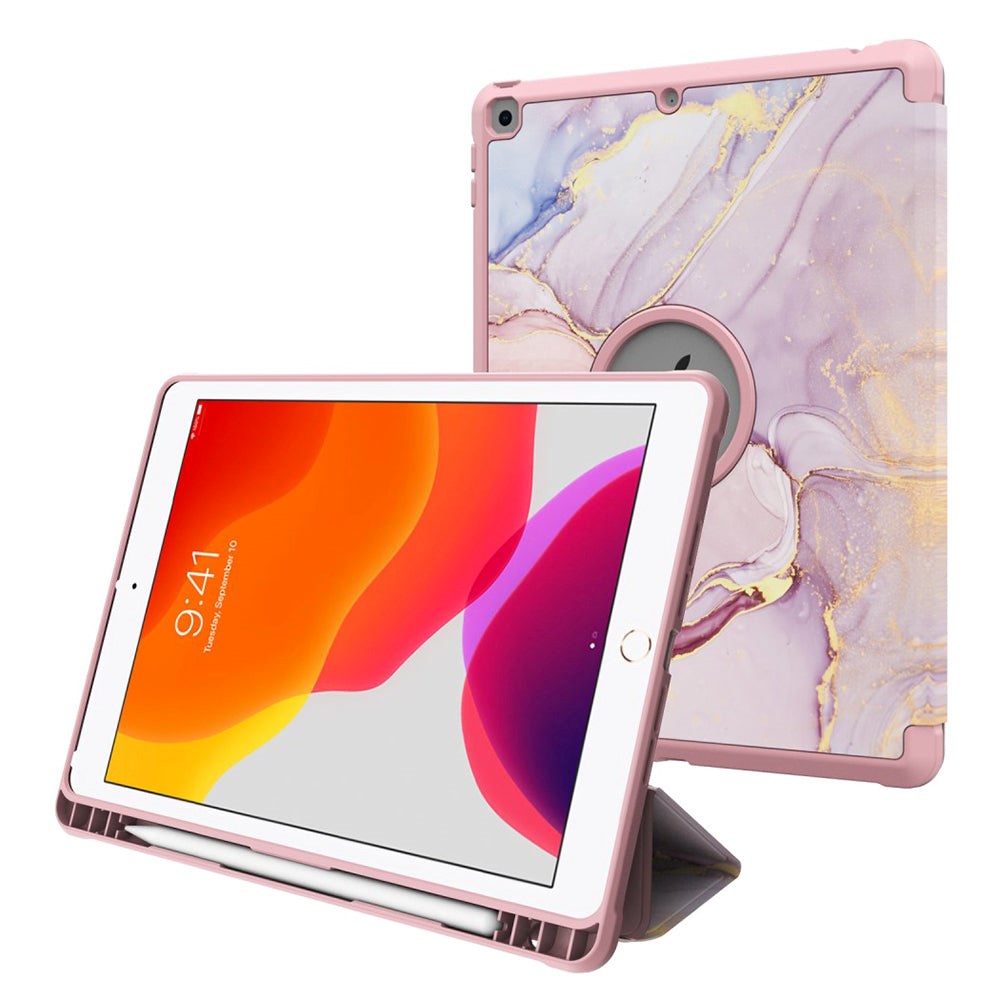 iPad 10.2" (2021 / 2020 / 2019) Tri-Fold Læder Cover m. Pencil Holder - Lyserød Marmor