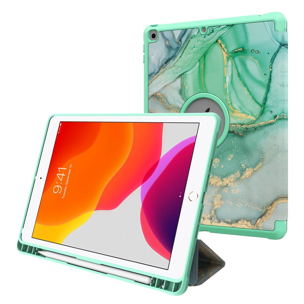 iPad 10.2" (2021 / 2020 / 2019) Tri-Fold Læder Cover m. Pencil Holder - Grøn Marmor