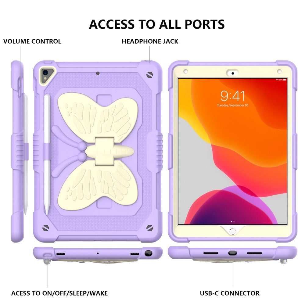 iPad 10.2" (2021 / 2020 / 2019) Børne cover - Butterfly Kickstand Cover - Lilla & Grå