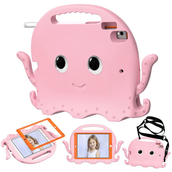 iPad (2018) / iPad (2017) / iPad Air 2 / iPad Pro 9.7" Børnecover m. Skulderstrop - Blæksprutte Tema - Lyserød