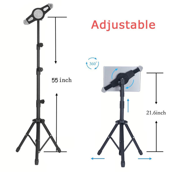 Transportabel Tablet Tripod Stativ m. Justerbar Tablet Holder - Sort