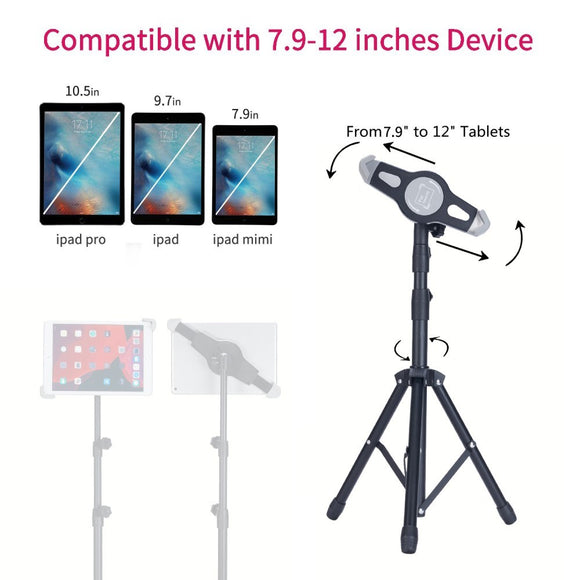 Transportabel Tablet Tripod Stativ m. Justerbar Tablet Holder - Sort