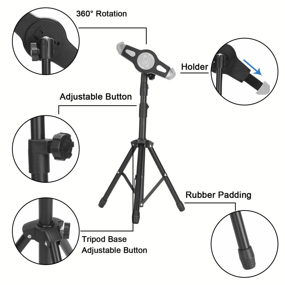 Transportabel Tablet Tripod Stativ m. Justerbar Tablet Holder - Sort