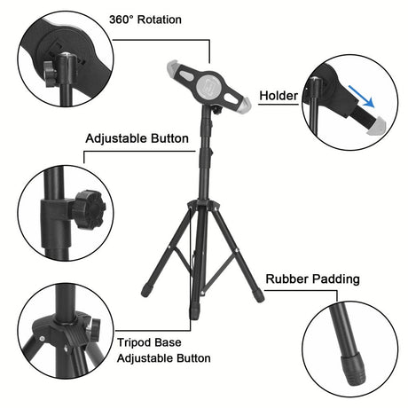 Transportabel Tablet Tripod Stativ m. Justerbar Tablet Holder - Sort