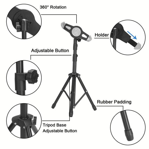 Transportabel Tablet Tripod Stativ m. Justerbar Tablet Holder - Sort