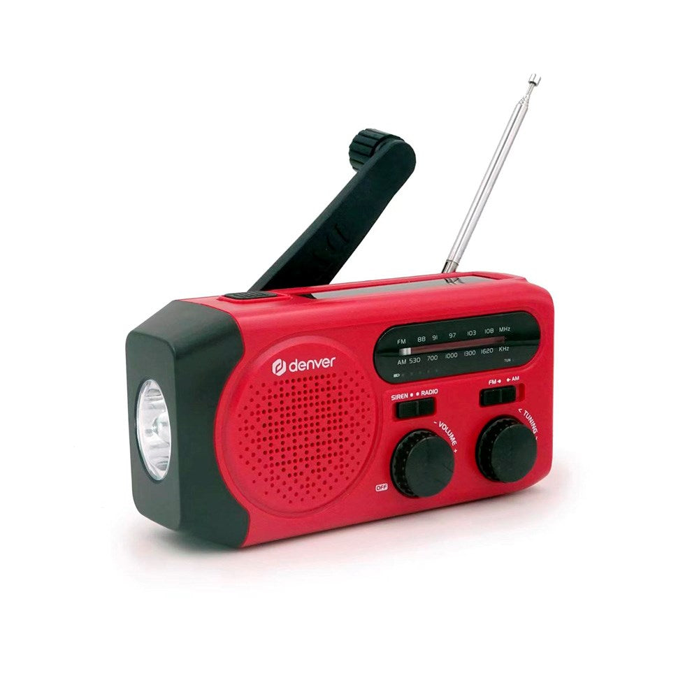 Denver Nødradio m. Solcelleopladning - AM / FM Radio - Lommelygte - Rød