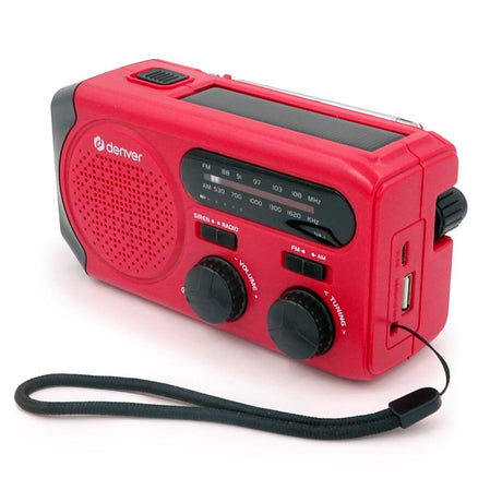 Denver Nødradio m. Solcelleopladning - AM / FM Radio - Lommelygte - Rød