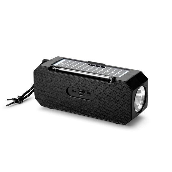 Denver Trådløs Bluetooth Højtaler m. FM Radio & Lommelygte - Solcelledrevet - Sort