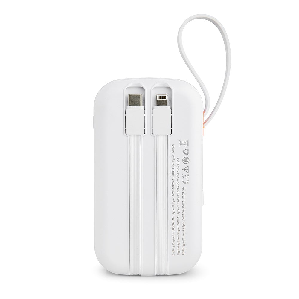 Xceed Powerbank - 10.000 mAh - Indbyggede Kabler - Hurtig Opladning - Hvid
