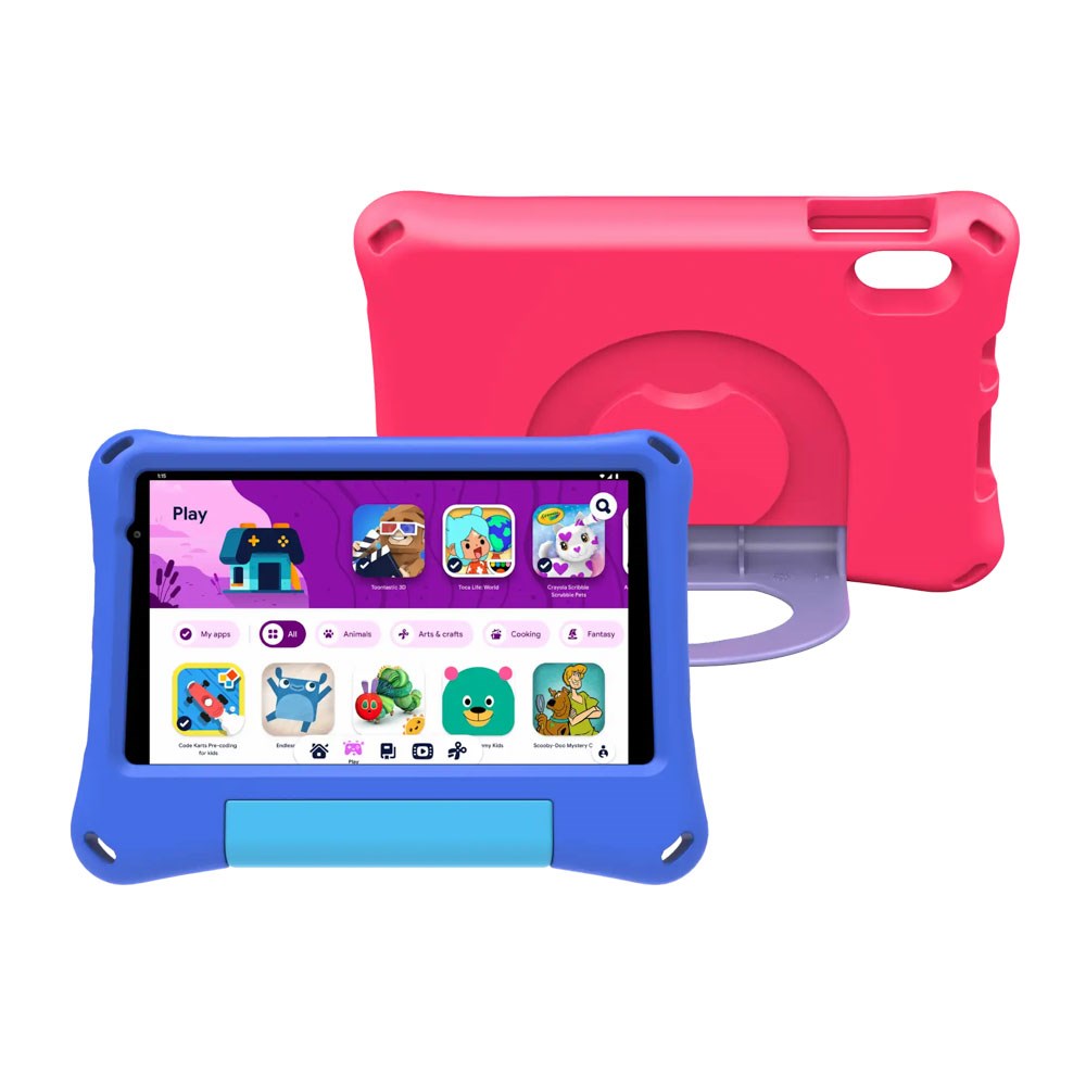 Denver TIO-80115KBUP Børnetablet 8" med Android 16 - inkl. 2 x Børnecover - 4 RAM & 64 GB - 4.000mAh - Grå / Lyserød / Blå
