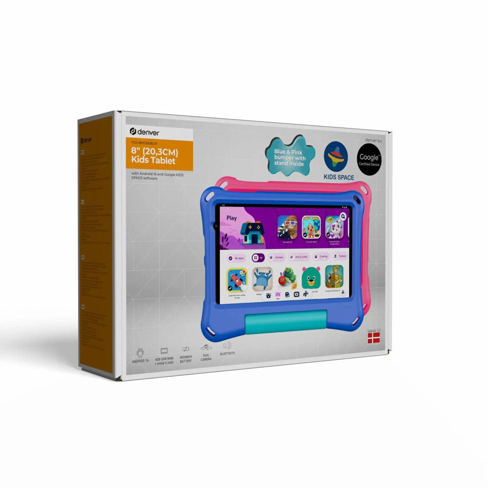 Denver TIO-80115KBUP Børnetablet 8" med Android 16 - inkl. 2 x Børnecover - 4 RAM & 64 GB - 4.000mAh - Grå / Lyserød / Blå