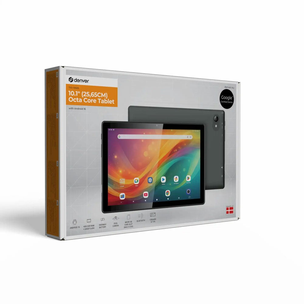 Denver TIO-10525 Tablet 10" med Android 16 - 4 RAM & 64 GB - 5.000mAh - 2 / 5 MP Kamera - Grå