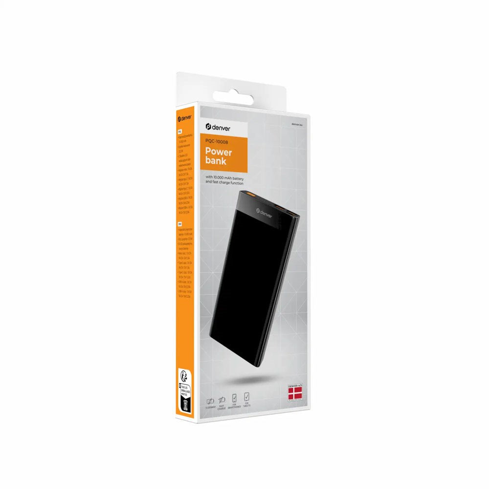 Denver PQC-10008 22.5W PowerBank - 10.000 mAh - Sort