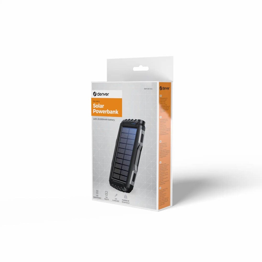 Denver PSO-20010 Solcelle 20.000 mAh PowerBank m. USB-A & USB-C - Sort