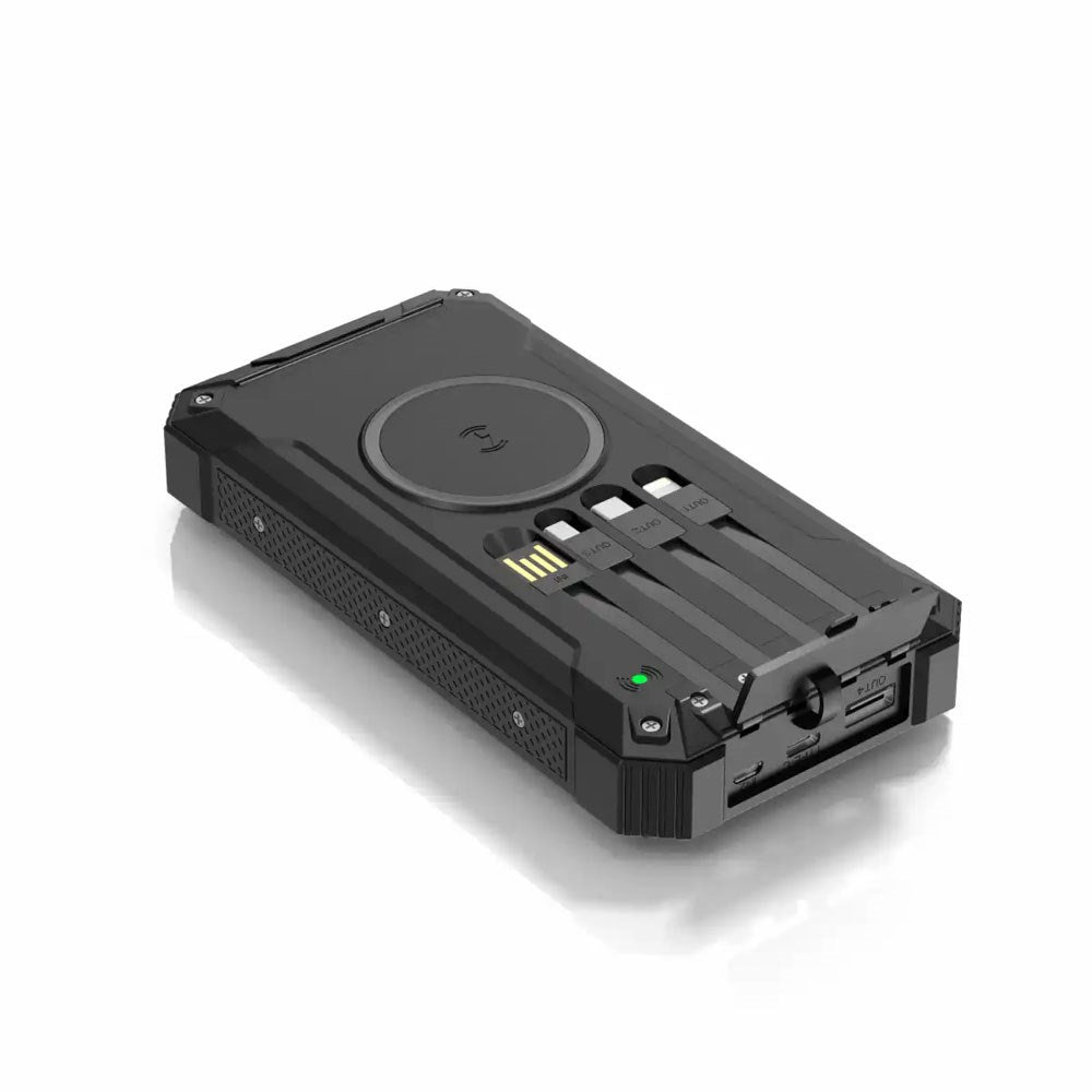 Denver PSC-20012 Solcelle PowerBank m. Indbygget Kabel, Trådløs Opladning & Lommelygte - 20.000 mAh - Sort