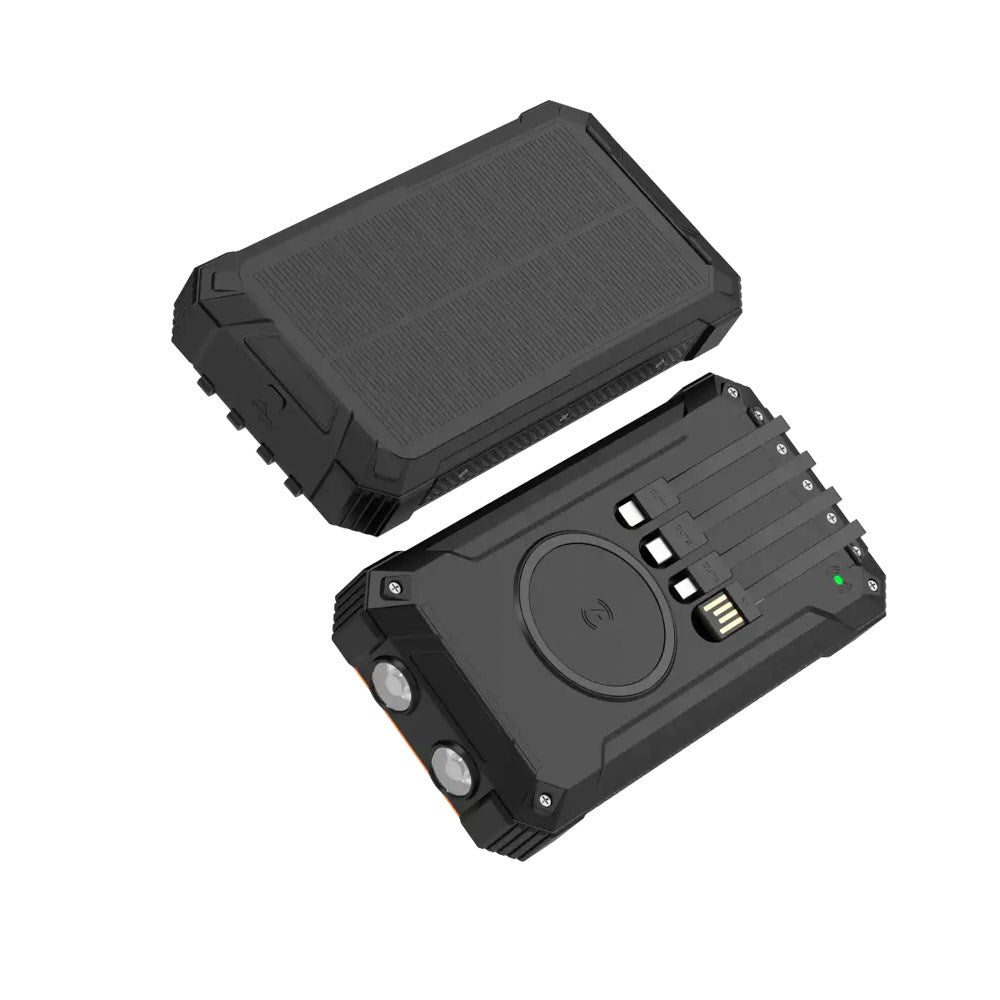 Denver PSC-20012 Solcelle PowerBank m. Indbygget Kabel, Trådløs Opladning & Lommelygte - 20.000 mAh - Sort