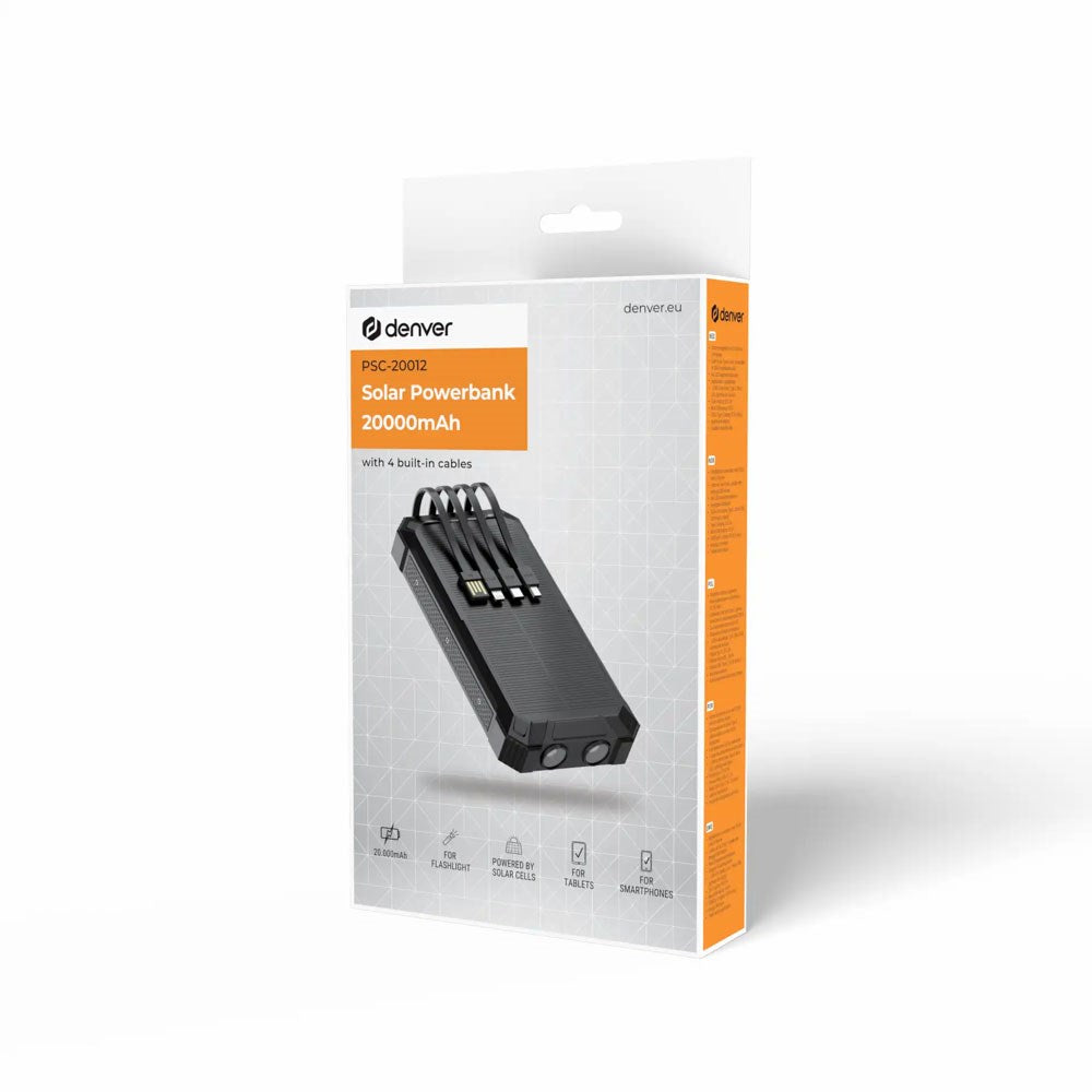 Denver PSC-20012 Solcelle PowerBank m. Indbygget Kabel, Trådløs Opladning & Lommelygte - 20.000 mAh - Sort