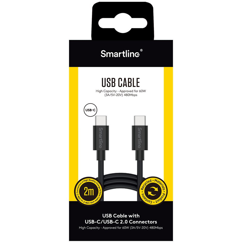 Smartline (3A/60W) USB-C til USB-C Kabel 2 m. - Sort