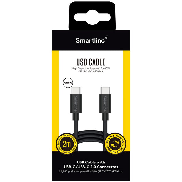 Smartline (3A/60W) USB-C til USB-C Kabel 2 m. - Sort