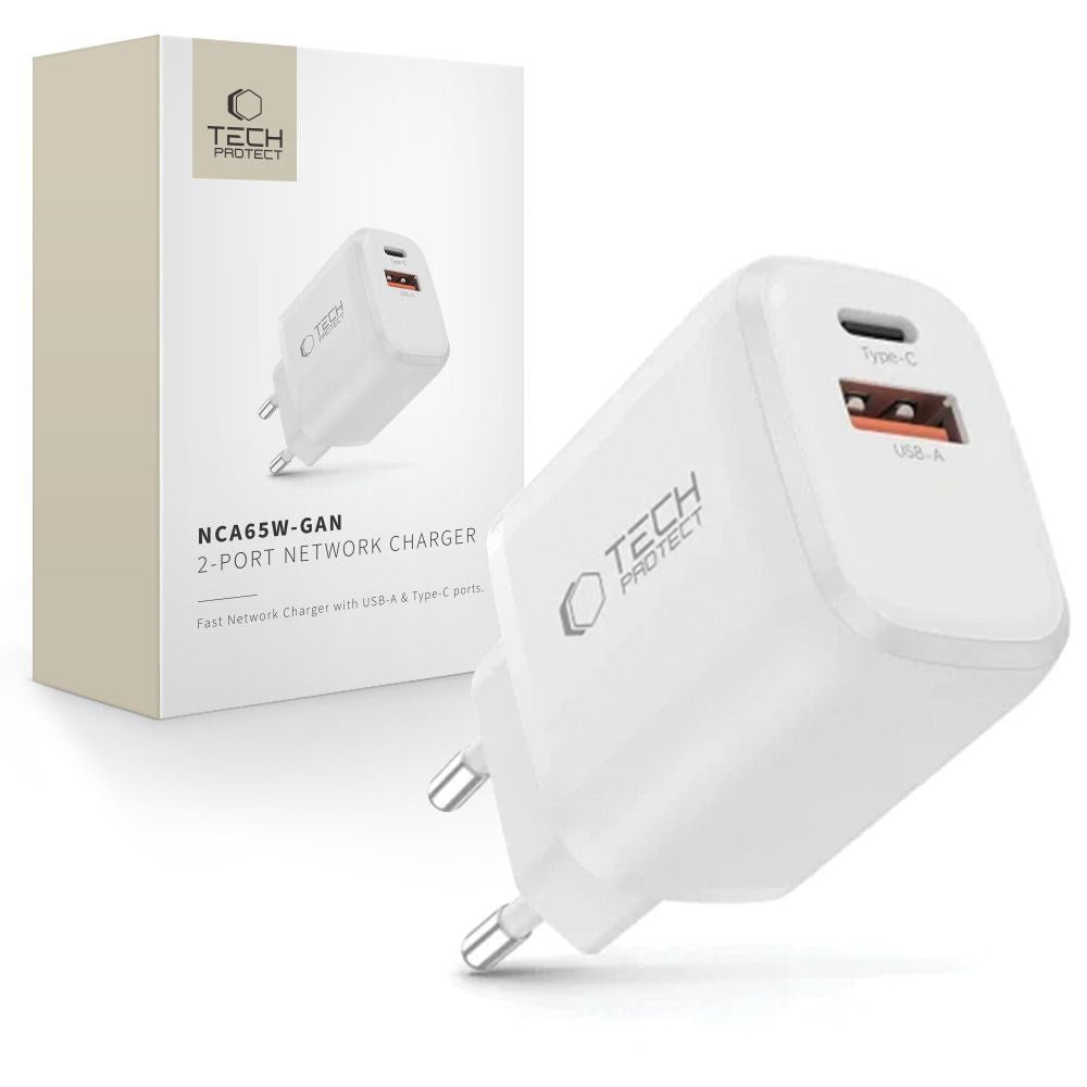 Tech-Protect 65W Vægoplader m. 1x USB-C & 1x USB-A - Hvid