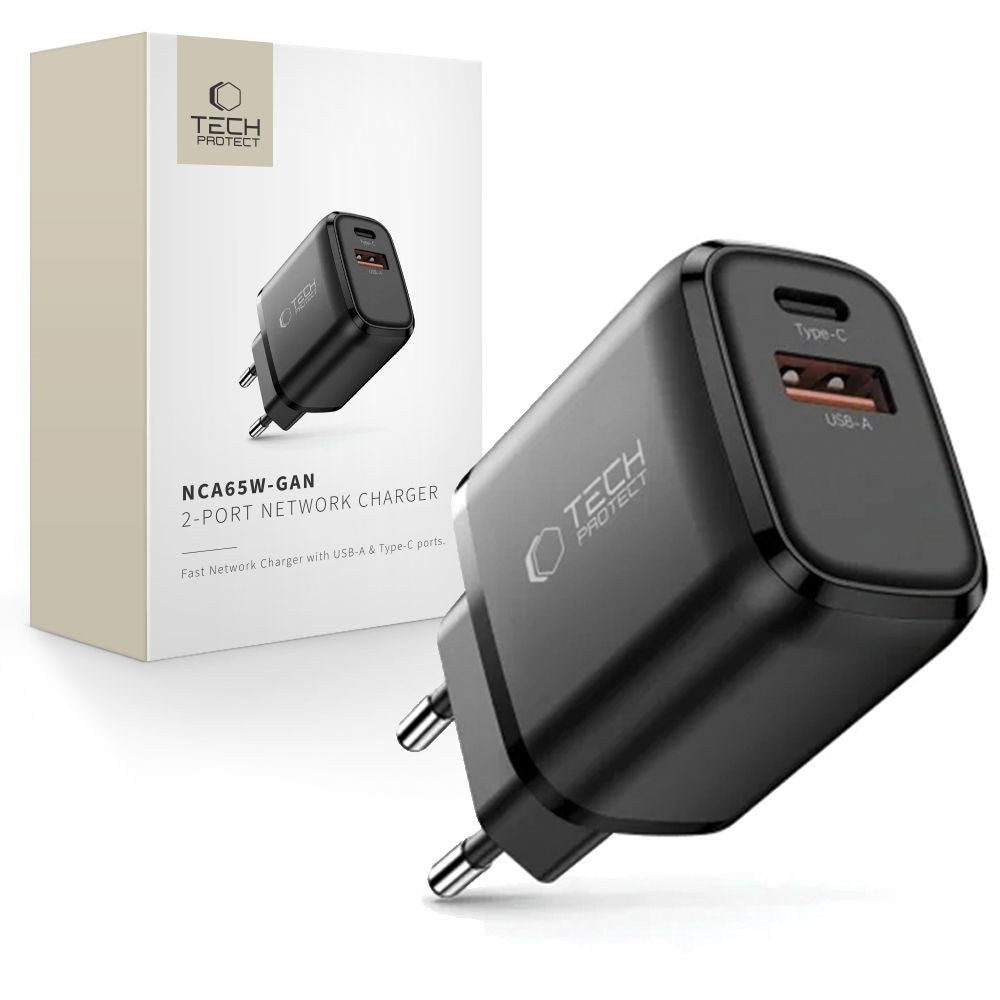 Tech-Protect 65W Vægoplader m. 1x USB-C & 1x USB-A - Sort