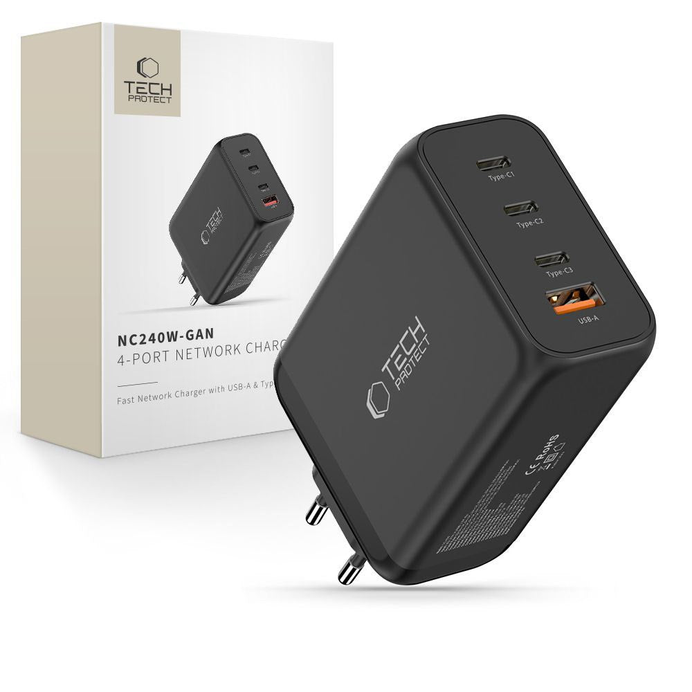 Tech-Protect 240W Vægoplader m. 3x USB-C & 1x USB-A - Sort