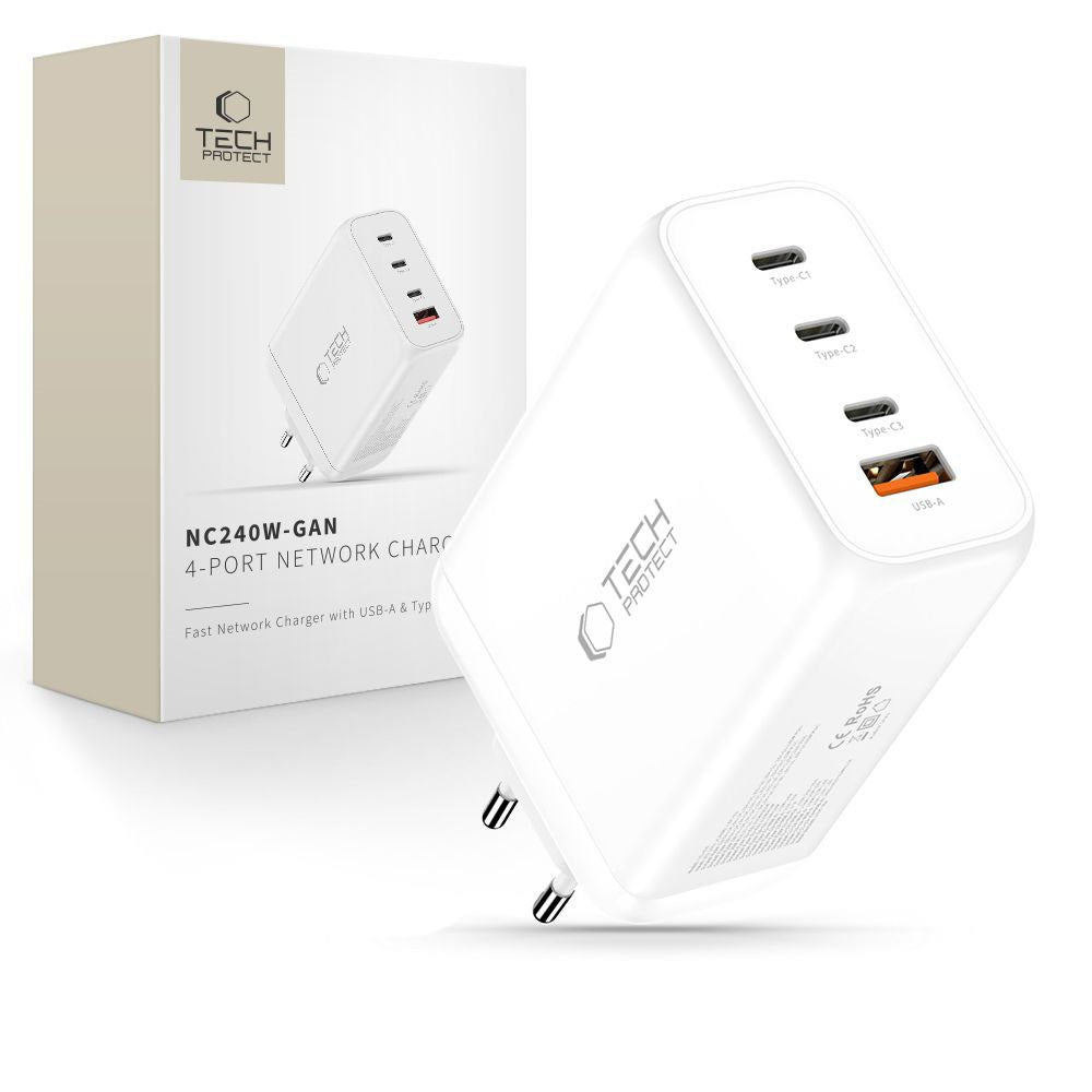 Tech-Protect 240W Vægoplader m. 3x USB-C & 1x USB-A - Hvid