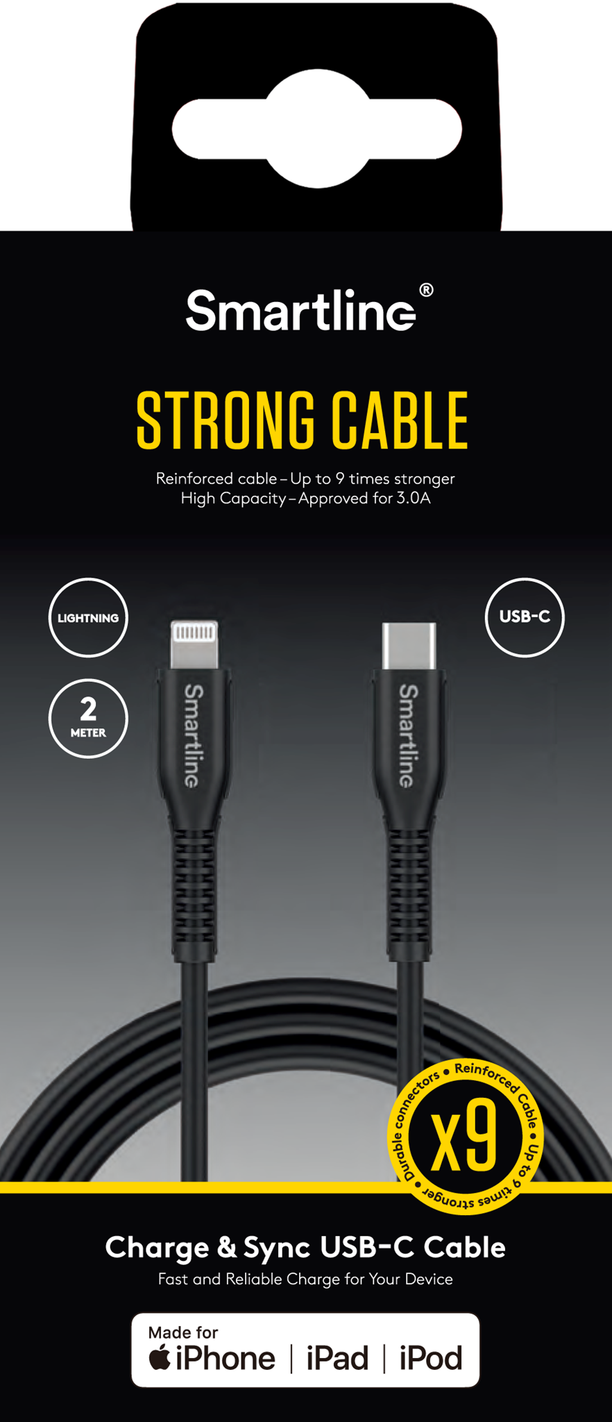 Smartline Strong 27W USB-C til Lightning Kabel 2 m. - Sort