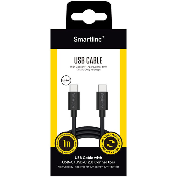 Smartline (3A/60W) USB-C til USB-C Kabel 1 m. - Sort