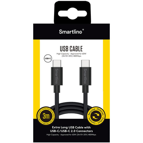 Smartline (3A/60W) USB-C til USB-C Kabel 3 m. - Sort