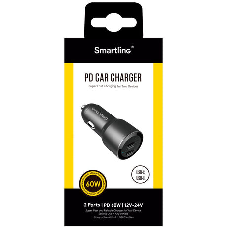 Smartline 60W PD (Power Delivery) Biloplader 2 x USB-C - Sort