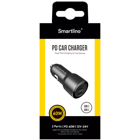 Smartline 60W PD (Power Delivery) Biloplader 2 x USB-C - Sort