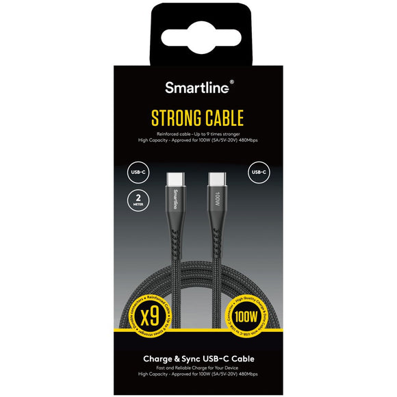 Smartline 100W USB-C til USB-C Kabel 2 m. - Sort
