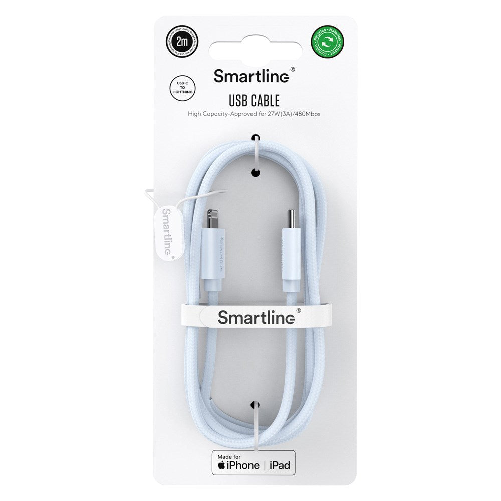 Smartline (3A/27W) USB-C til Lightning Braidy Kabel 2m - Lyseblå