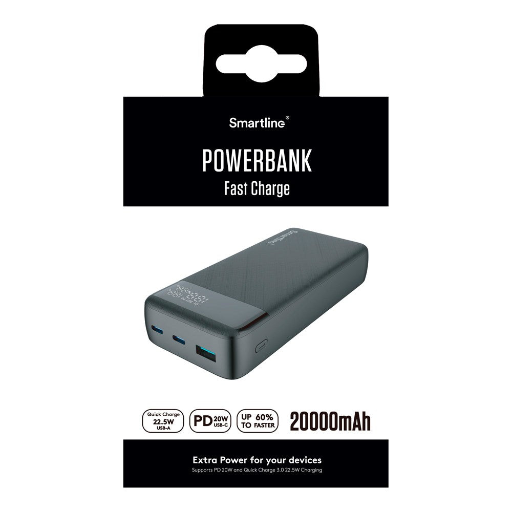 Smartline 20.000mAh Powerbank m. PD / QC3.0 & LED-Display - Sort