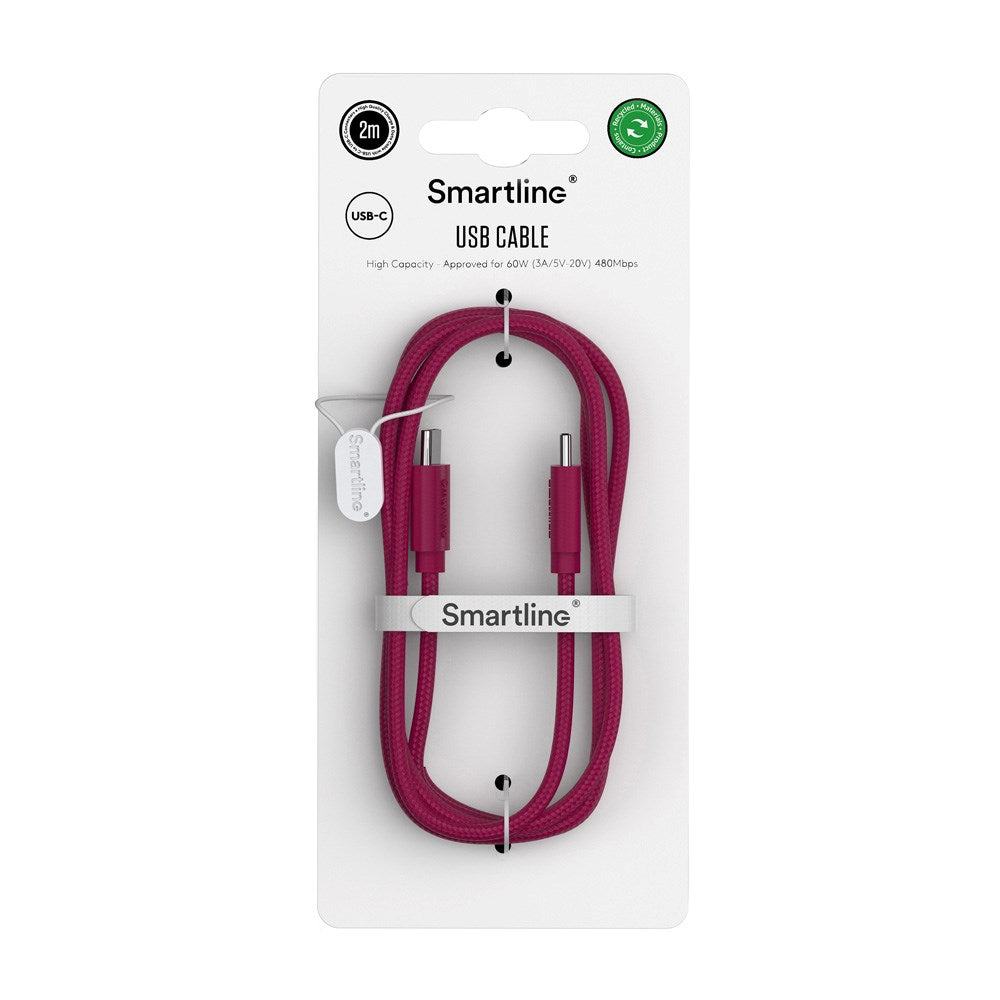 Smartline (60W) USB-C til USB-C Braidy Kabel 2m - Mørkerød