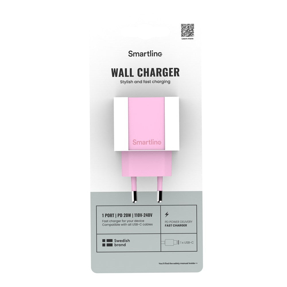 Smartline 20W Vægoplader m. 1 x USB-C - Lyserød