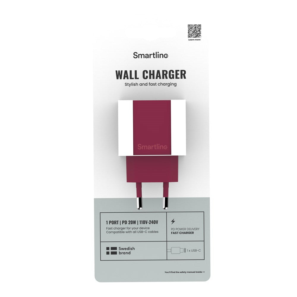Smartline 20W Vægoplader m. 1 x USB-C - Mørkerød