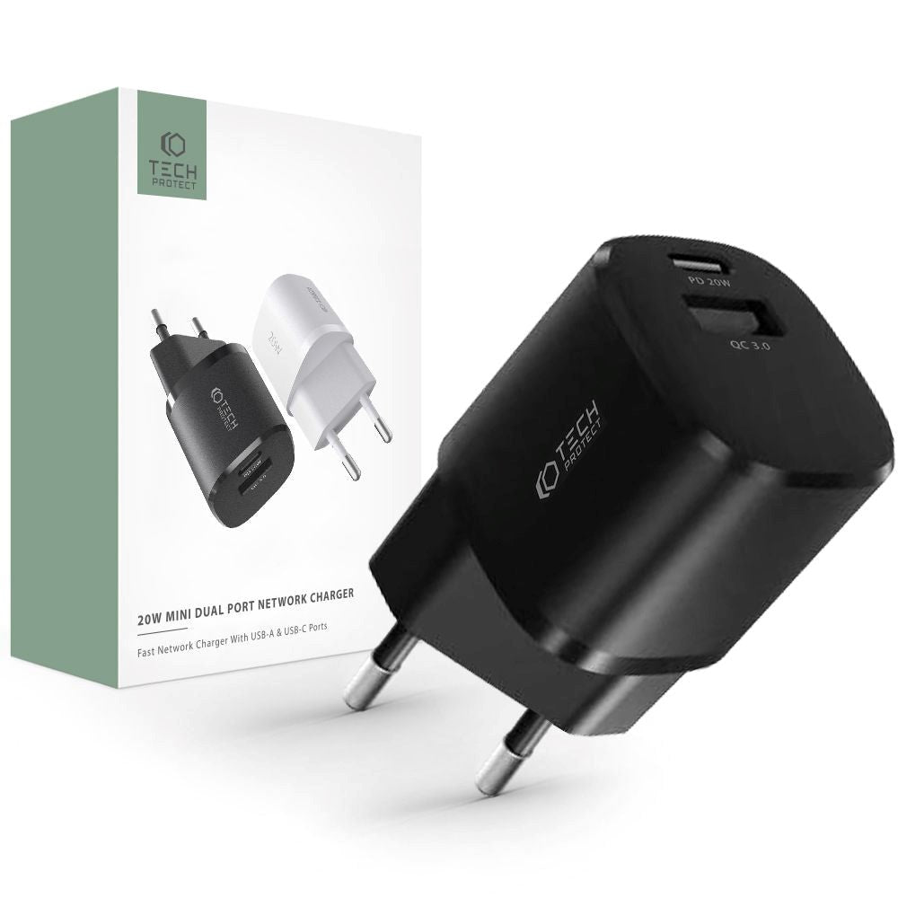 Tech-Protect 20W Vægoplader m. 1 x USB-C PD & 1 x USB-A QC - Sort