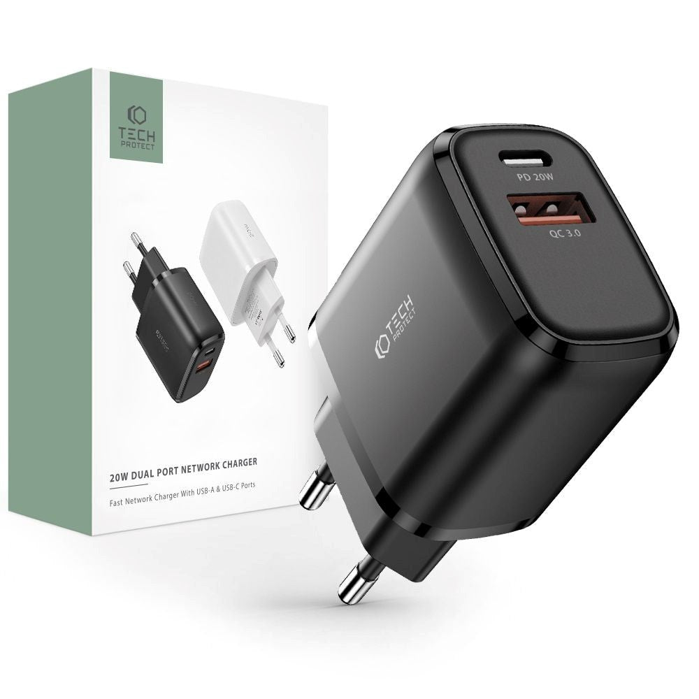 Tech-Protect PD 20W Vægoplader m. 1 x USB-C & 1 x USB-A - Sort