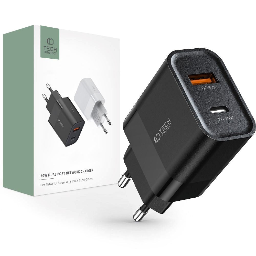 Tech-Protect PD 30W Vægoplader m. 1 x USB-C & 1 x USB-A - Sort