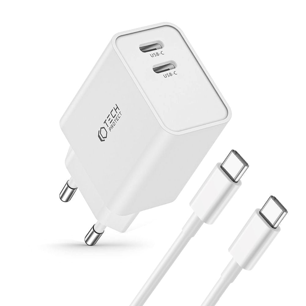 Tech-Protect PD 35W Vægoplader m. 2 x USB-C & USB-C Kabel - Hvid