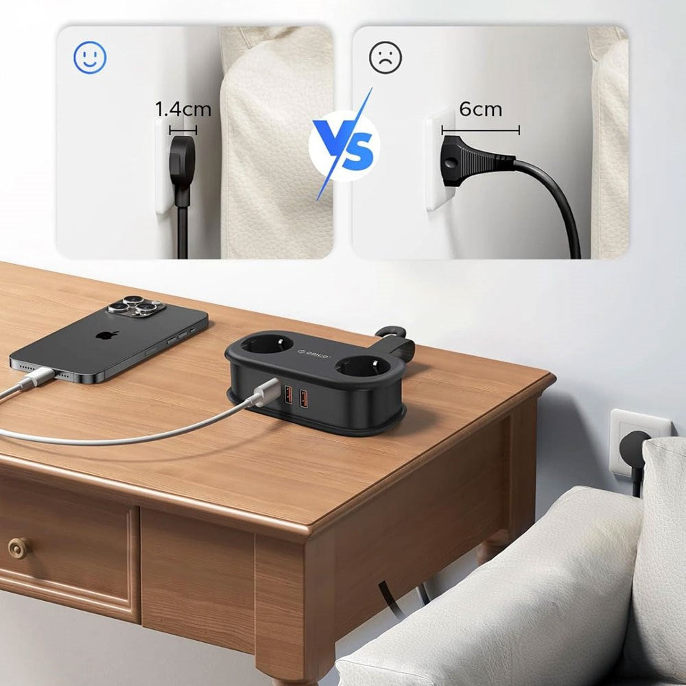 ORICO 20W 5-i-1 Strømskinne med 2 x Schuko 2 x USB-A 1 x USB-C - Sort