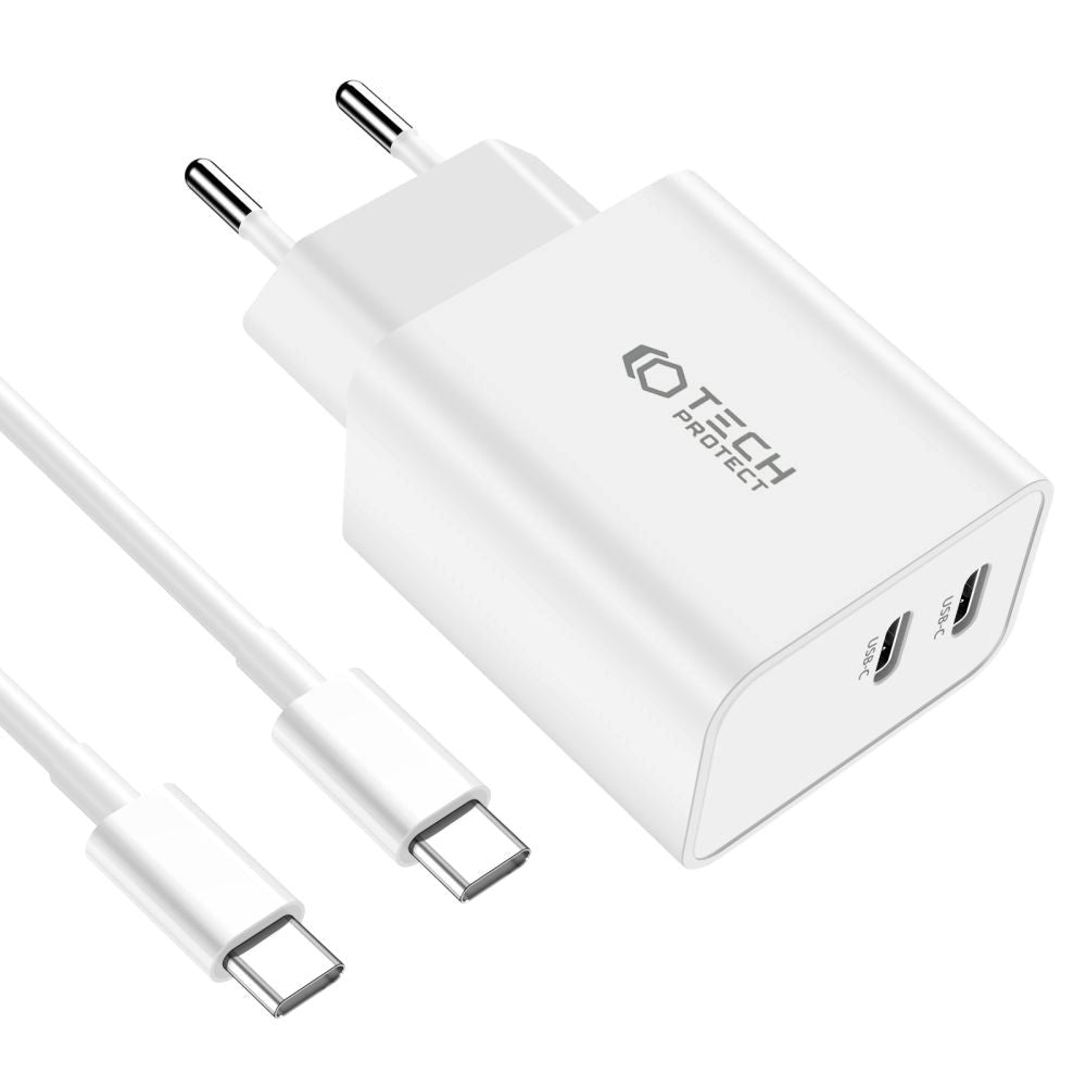 Tech-Protect PD 35W Vægoplader m. 2 x USB-C & USB-C Kabel - Hvid