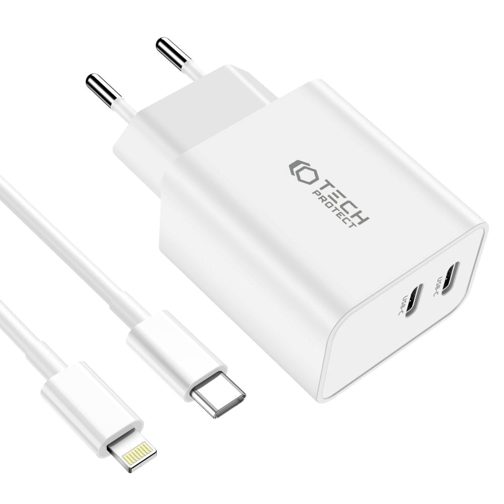Tech-Protect PD 35W Vægoplader m. 2 x USB-C & Lightning Kabel - Hvid
