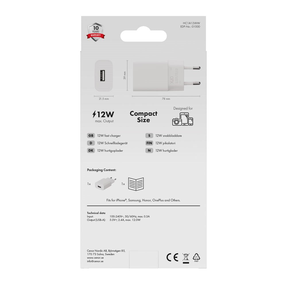 X2O 12W Vægoplader m. 1x USB-A - Hvid