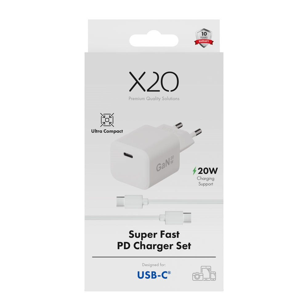 X2O 20W Vægoplader m. 1x USB-C & 1x USB-C Kabel - 1.2m - Hvid