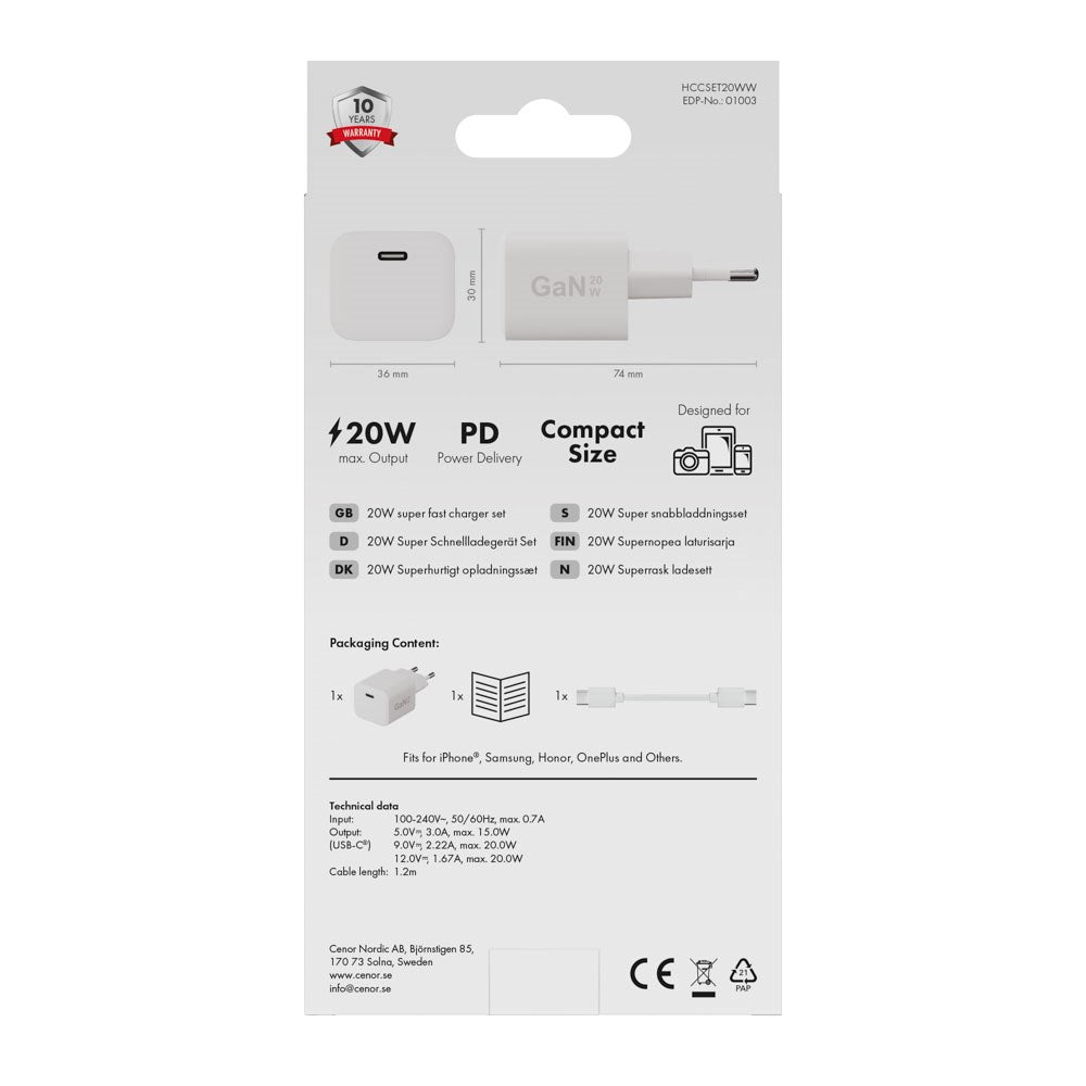 X2O 20W Vægoplader m. 1x USB-C & 1x USB-C Kabel - 1.2m - Hvid