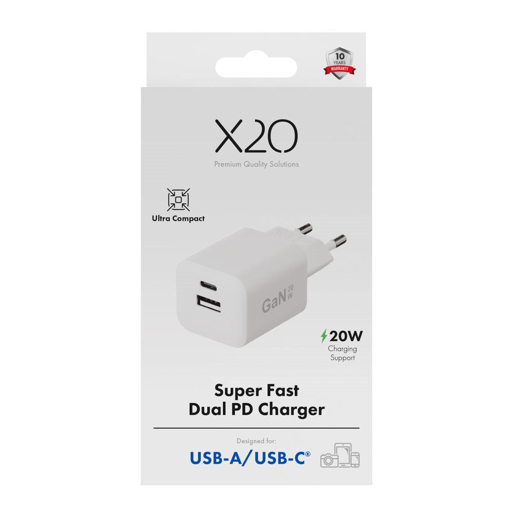 X2O 20W Vægoplader m. 1x USB-A & 1x USB-C - Hvid